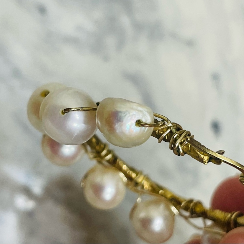 Handmade Pearl Hoop Earrings Gold Tone Artisan Wire Wrapped Statement Jewelry - Picture 4 of 14